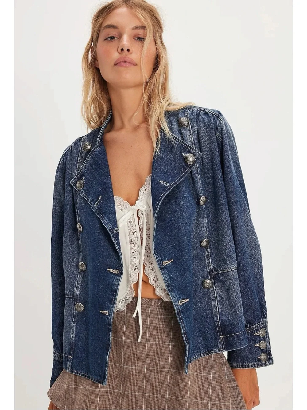 Free People Imogene Denim Officer Jacket in Ensign Wash Large Military Denim - Picture 2 of 16